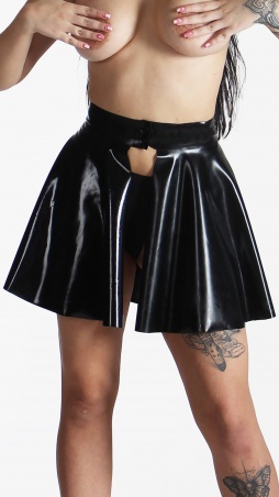 Latexová kolová sukně s rozparkem černá