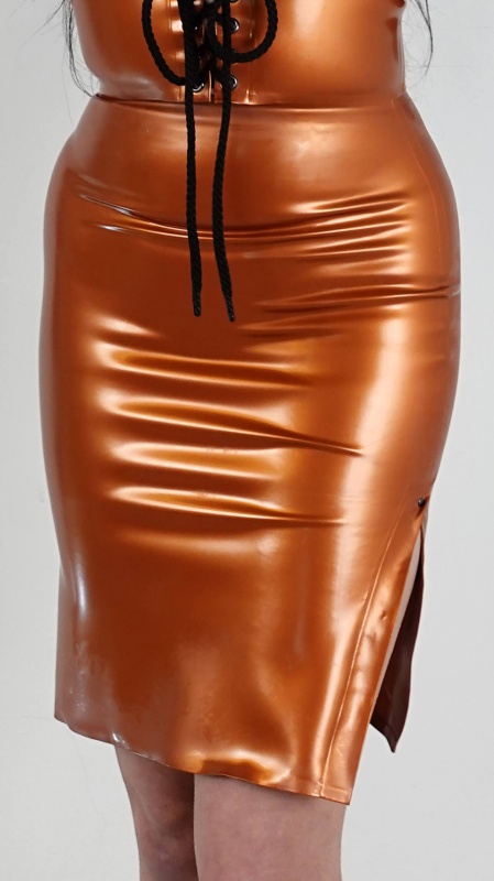 Latexová mini sukně s rozparky bronzová
